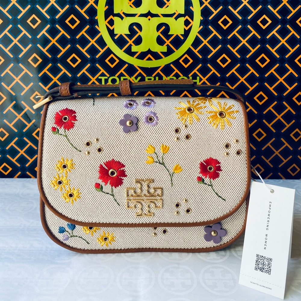 NWT! Tory Burch Britten Floral Canvas Small Saddle Bag